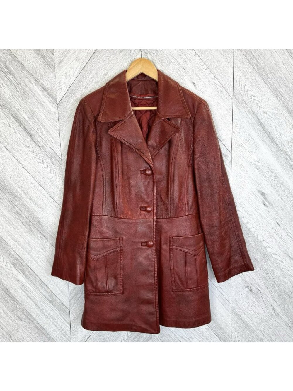 Vintage 70s Red Leather Jacket Car Coat Mid Length Trench Womens Medium